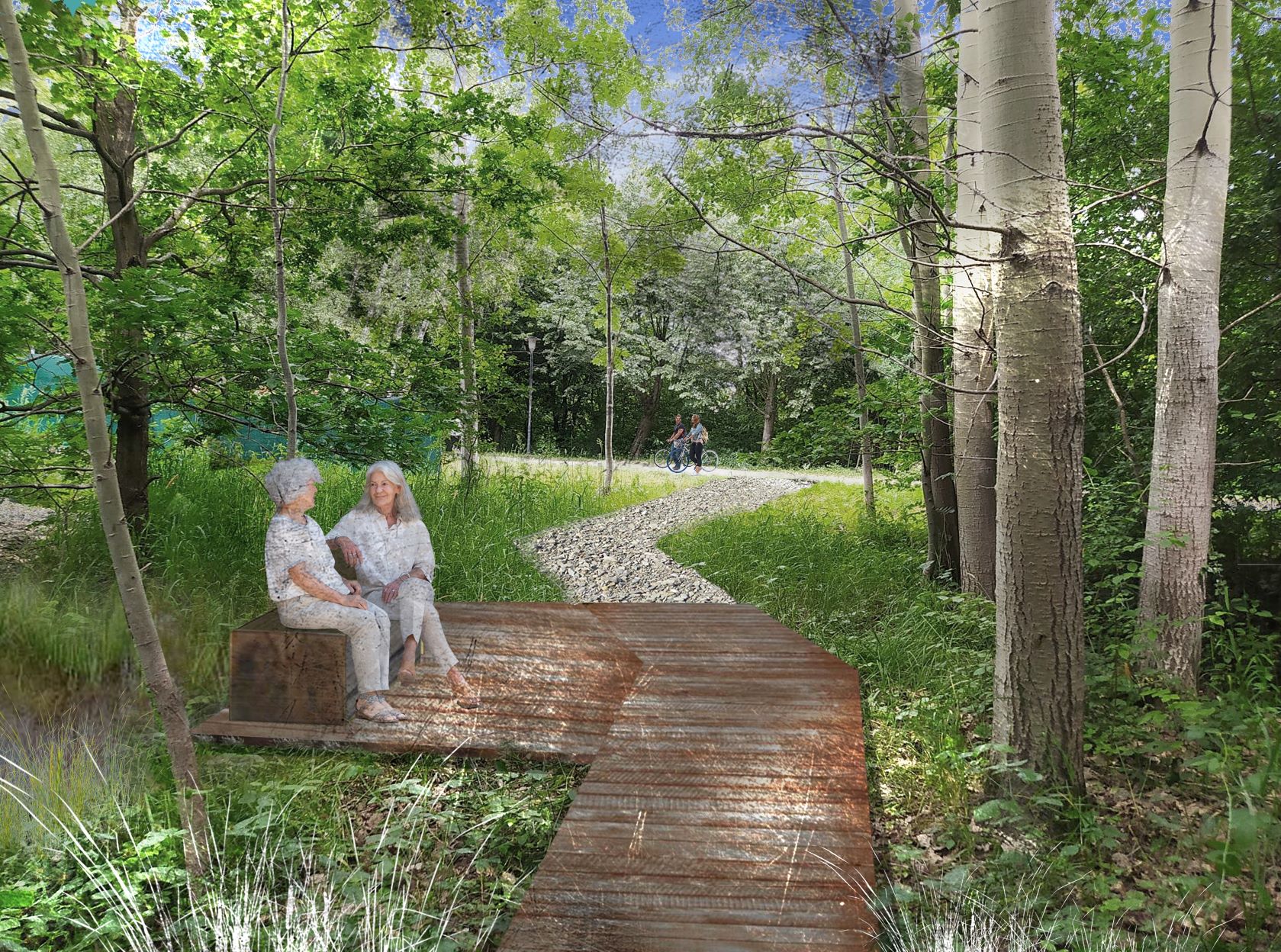 Plocha s mokřady nabídne četné relaxační zastávky. Vizualizace: Atelíér ZAKA22 (Magda Cigánková Fialová, Petra Lindovská)